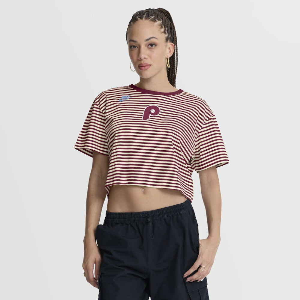 Philadelphia Phillies Nike Women's Cooperstown Collection Striped Cropped T-Shirt On Sale
