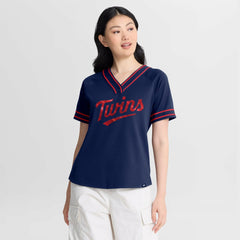 Minnesota Twins Fanatics Women's Diva Race Ahead Raglan V-Neck T-Shirt On Sale