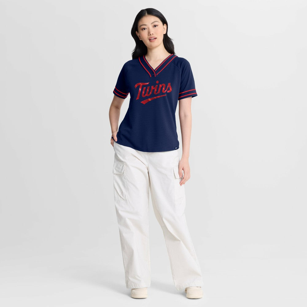 Minnesota Twins Fanatics Women's Diva Race Ahead Raglan V-Neck T-Shirt On Sale
