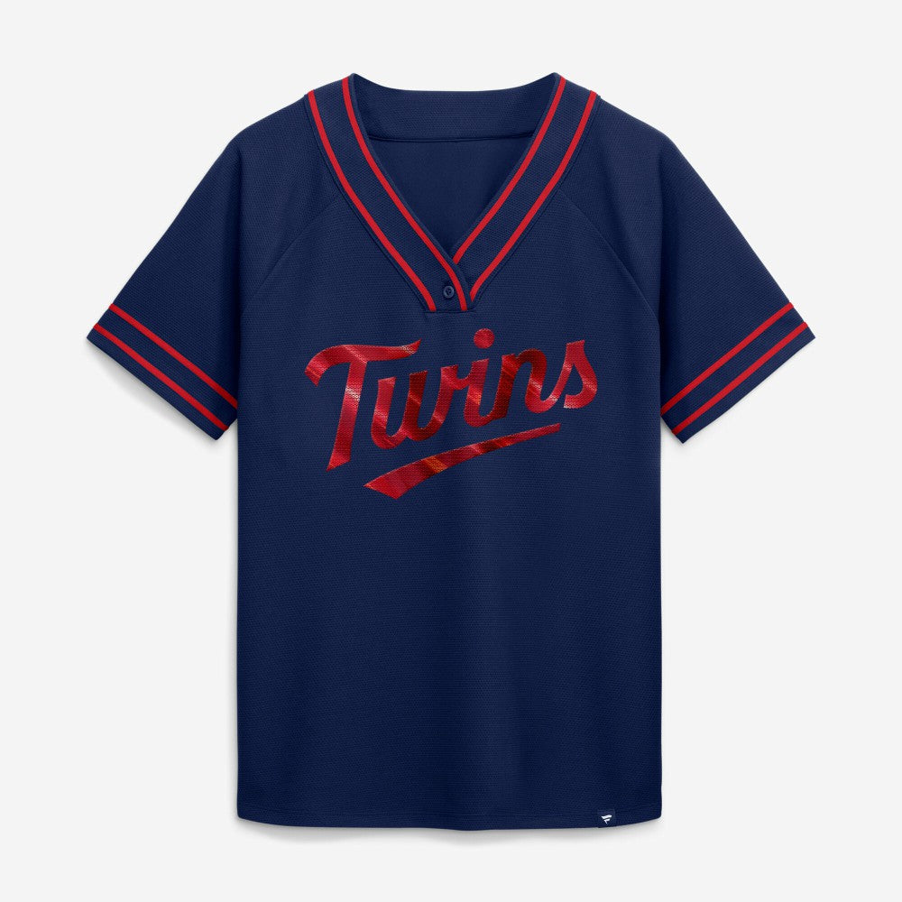 Minnesota Twins Fanatics Women's Diva Race Ahead Raglan V-Neck T-Shirt On Sale