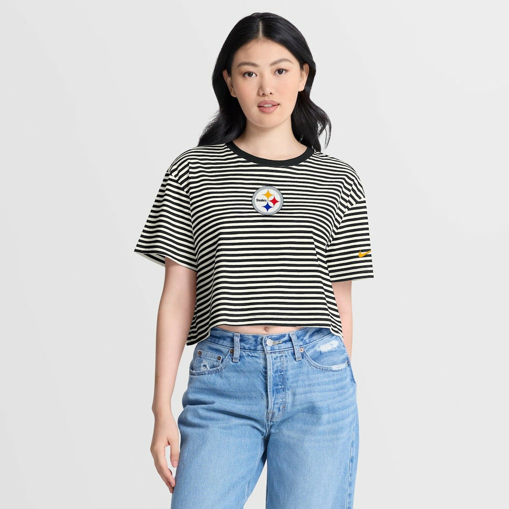 Pittsburgh Steelers Women's Striped Cropped T-Shirt Black/Cream - Nike
