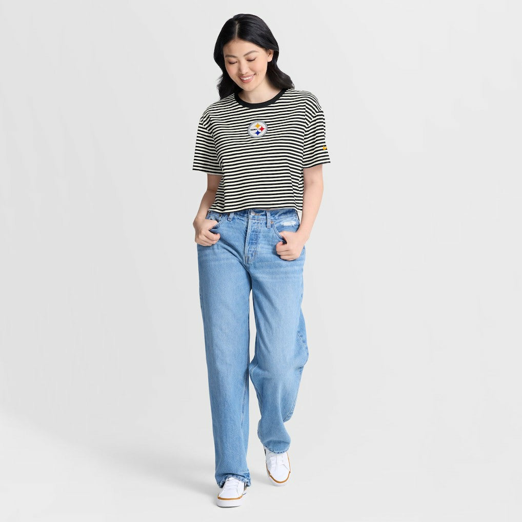 Pittsburgh Steelers Women's Striped Cropped T-Shirt Black/Cream - Nike