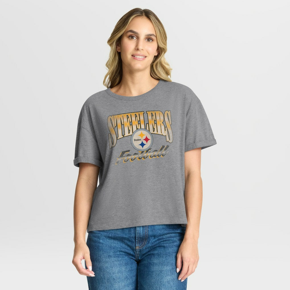 Pittsburgh Steelers Women's Overplayed Tribute Tri-Blend Boxy T-Shirt Heather Gray - Fanatics