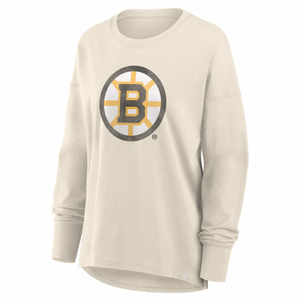 Boston Bruins Fanatics Women's Distressed Logo Long Sleeve T-Shirt Cream