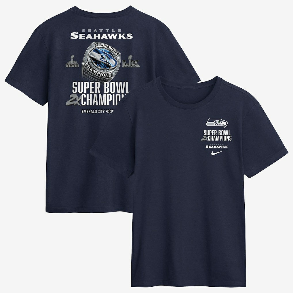 Seattle Seahawks Two-Time Super Bowl Champions Downtown Ring Club T-Shirt College Navy - Nike