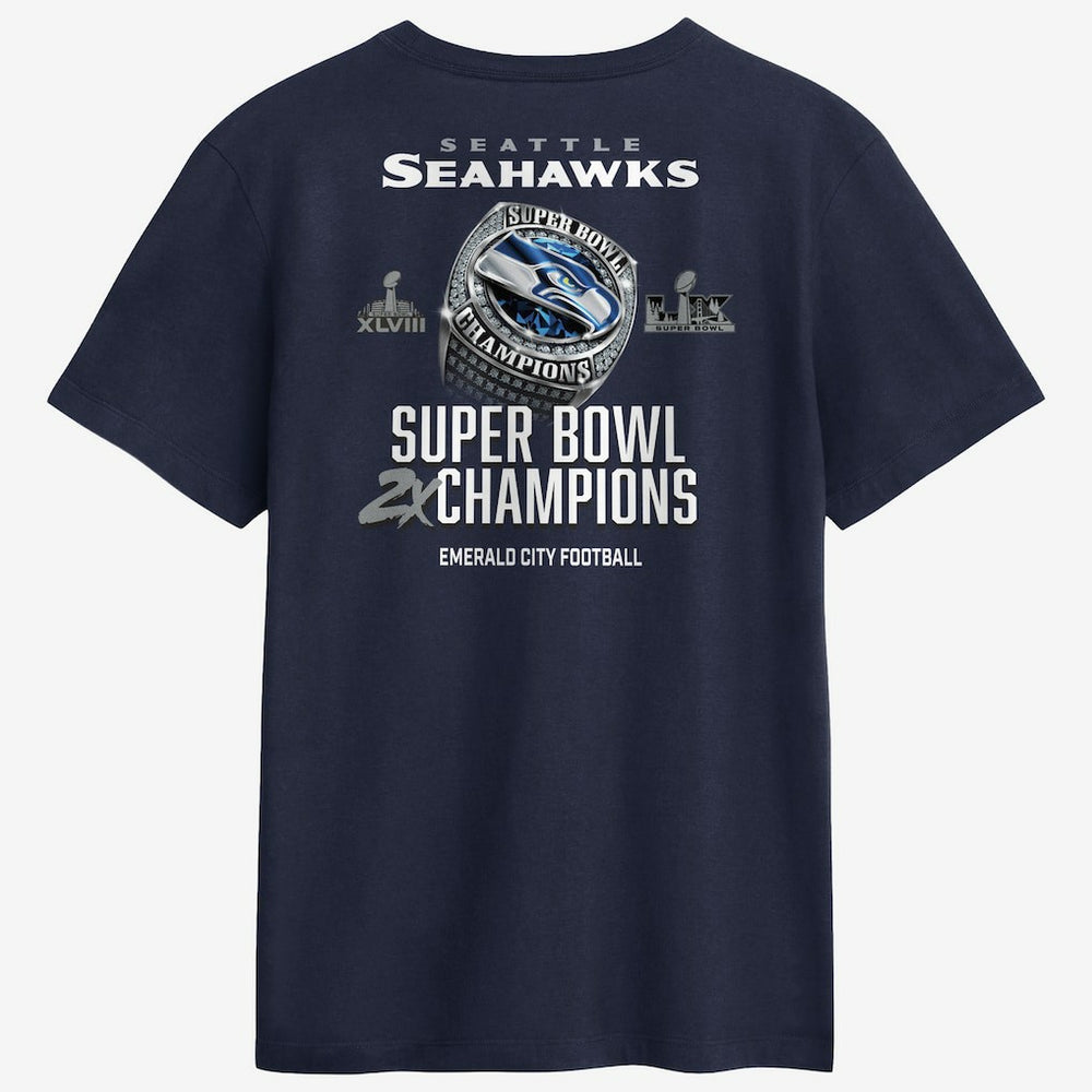 Seattle Seahawks Two-Time Super Bowl Champions Downtown Ring Club T-Shirt College Navy - Nike