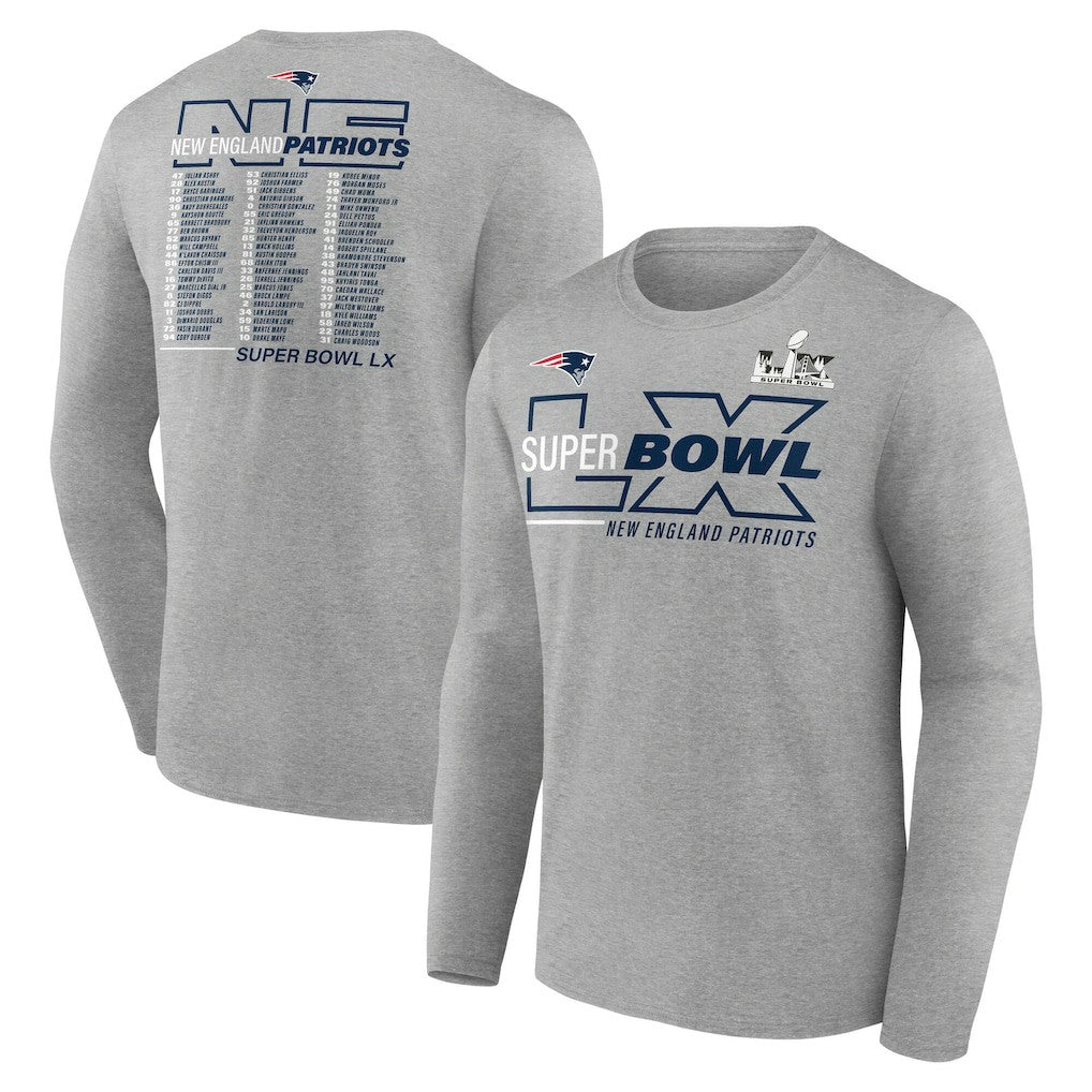 New England Patriots Super Bowl LX Roster Long Sleeve T-Shirt Heather Gray - Fanatics