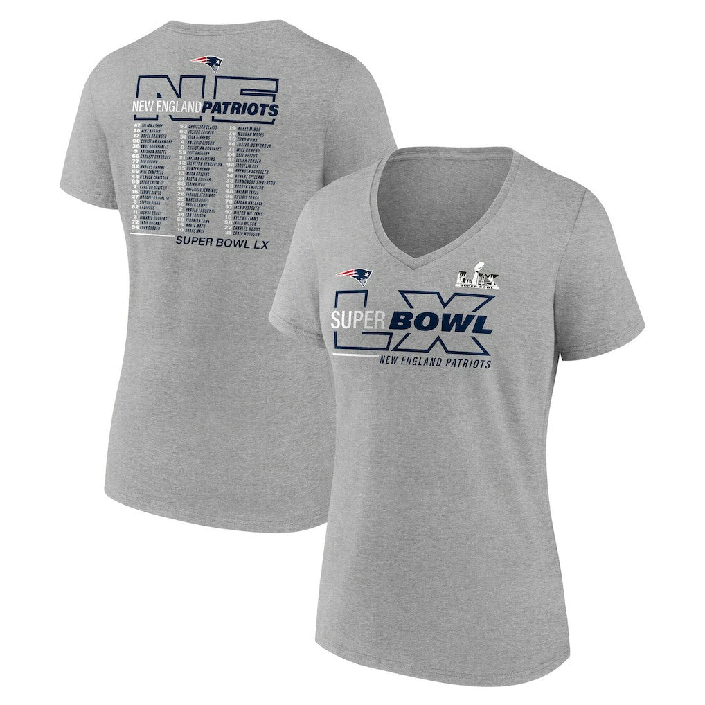 New England Patriots Women's Super Bowl LX Roster V-Neck T-Shirt Heather Gray - Fanatics