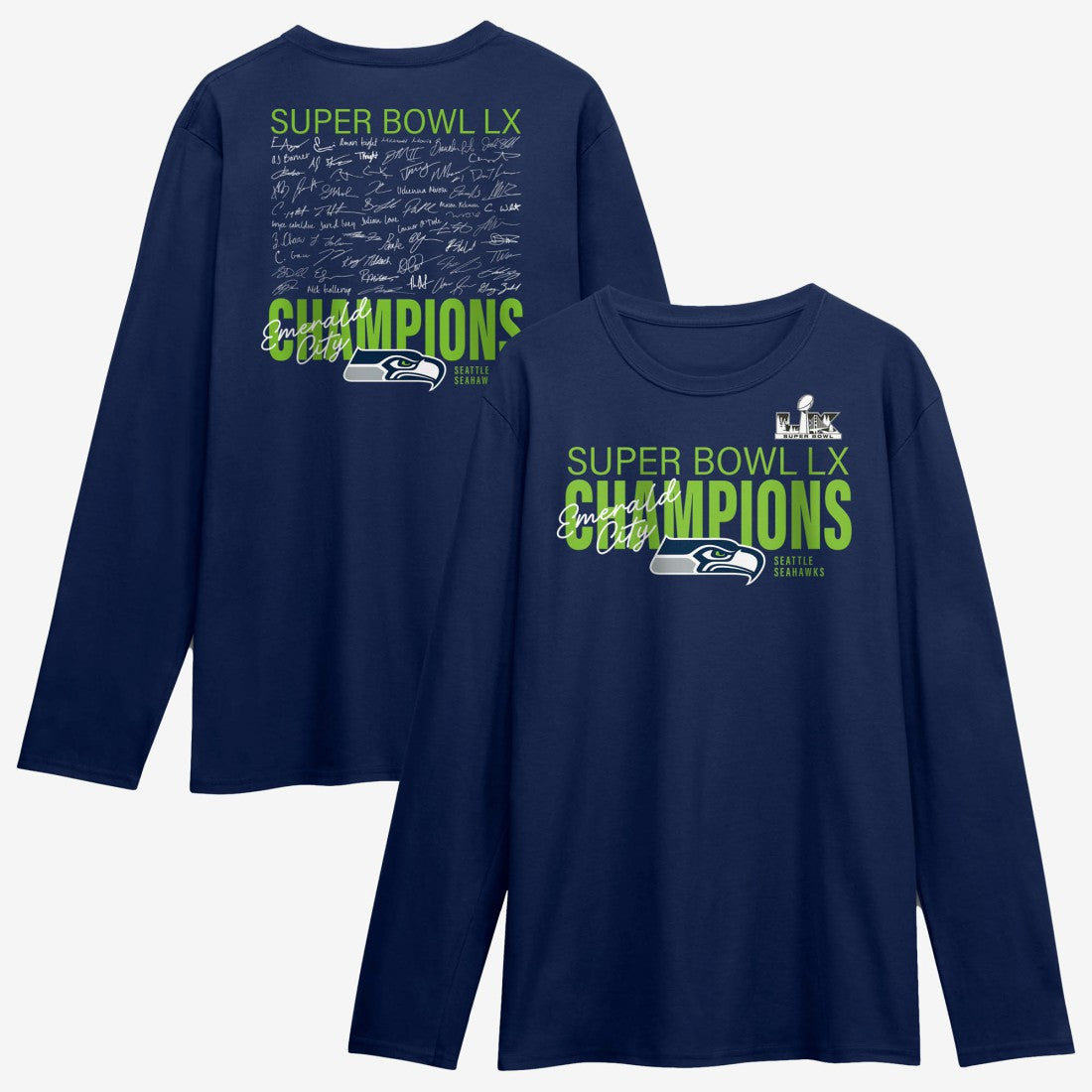 Seattle Seahawks Super Bowl LX Champions Autograph Signing Long Sleeve Roster T-Shirt College Navy - Fanatics