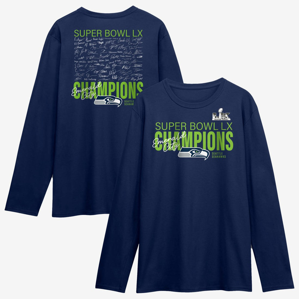Seattle Seahawks Super Bowl LX Champions Autograph Signing Long Sleeve Roster T-Shirt College Navy - Fanatics
