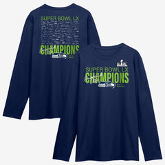 Seattle Seahawks Super Bowl LX Champions Autograph Signing Long Sleeve Roster T-Shirt College Navy - Fanatics