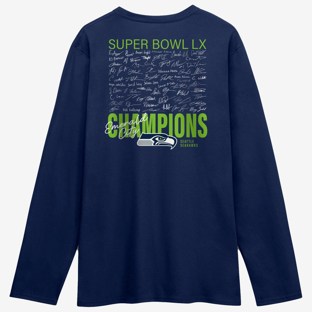 Seattle Seahawks Super Bowl LX Champions Autograph Signing Long Sleeve Roster T-Shirt College Navy - Fanatics