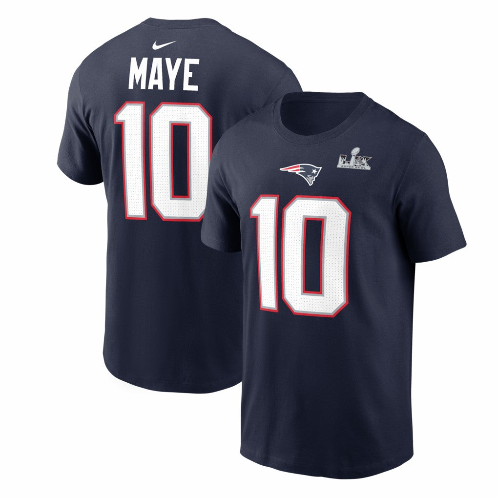 Drake Maye New England Patriots Super Bowl LX Patch Name & Number T-Shirt Navy - Nike