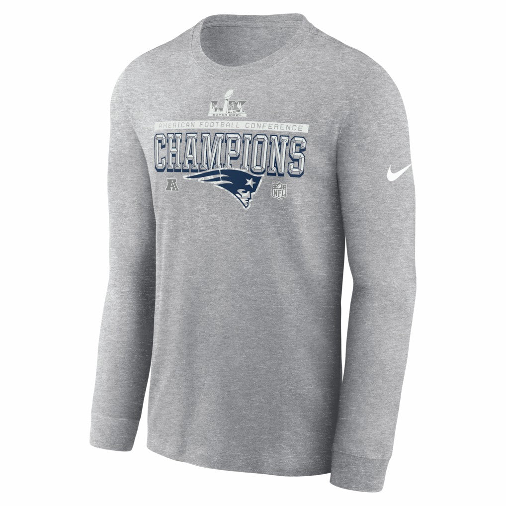 New England Patriots 2025 AFC Champions Locker Room Trophy Collection Long Sleeve T-Shirt Heather Gray - Nike