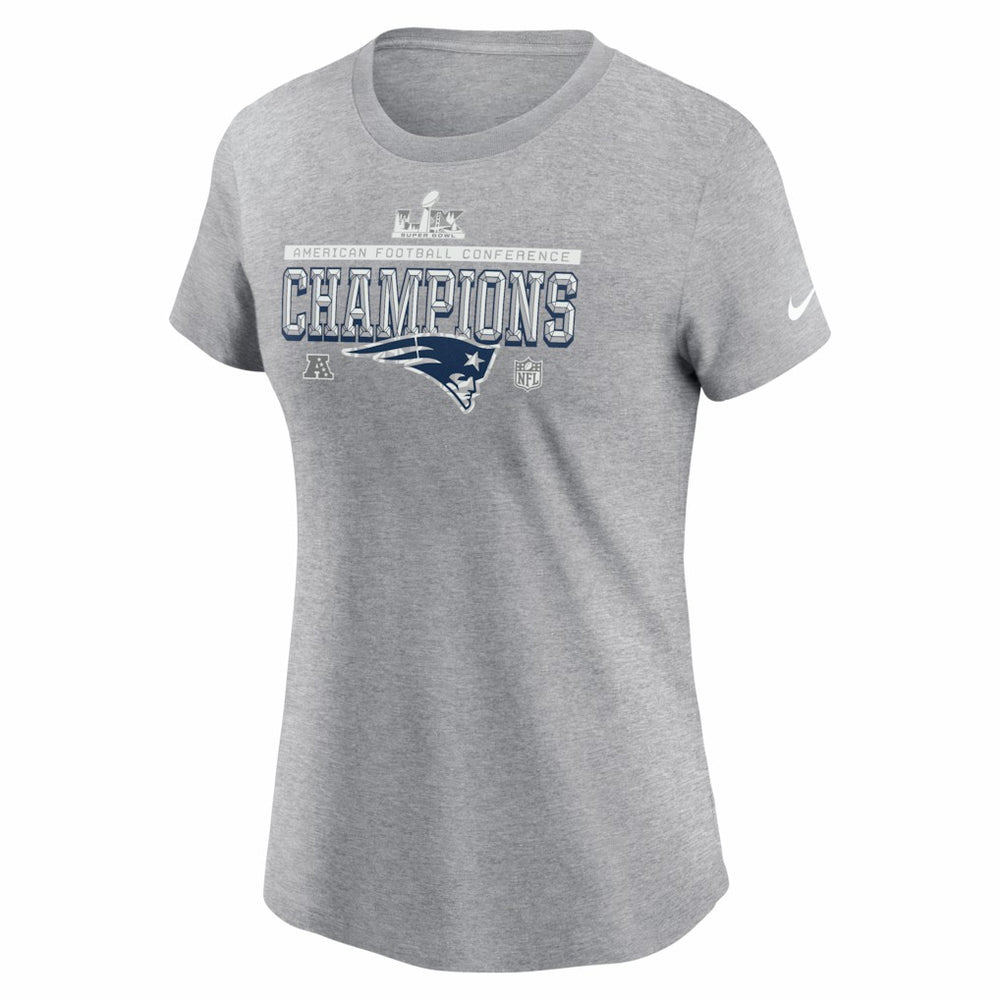 New England Patriots Women's 2025 AFC Champions Locker Room Trophy Collection T-Shirt Heather Gray - Nike