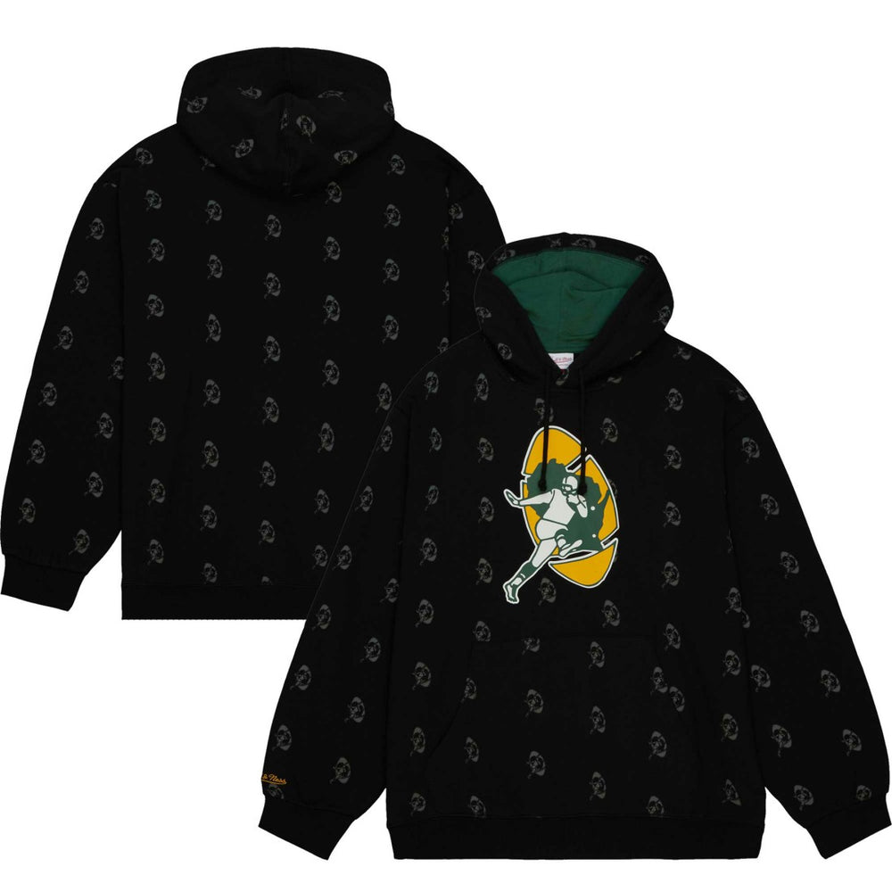 Green Bay Packers Allover Print Fleece Pullover Hoodie Black - Mitchell & Ness