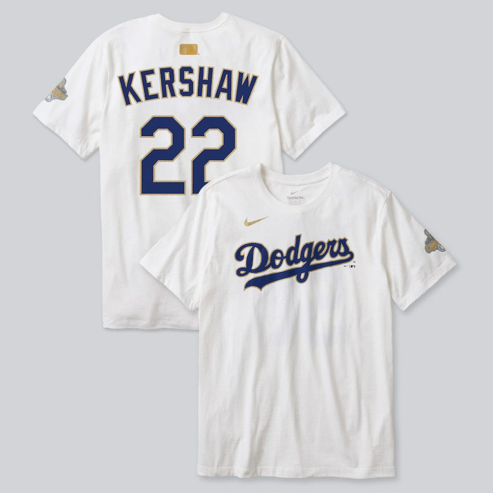 Clayton Kershaw Los Angeles Dodgers Nike 2026 Gold Collection Player Name & Number T-Shirt On Sale