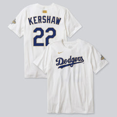 Clayton Kershaw Los Angeles Dodgers Nike 2026 Gold Collection Player Name & Number T-Shirt On Sale
