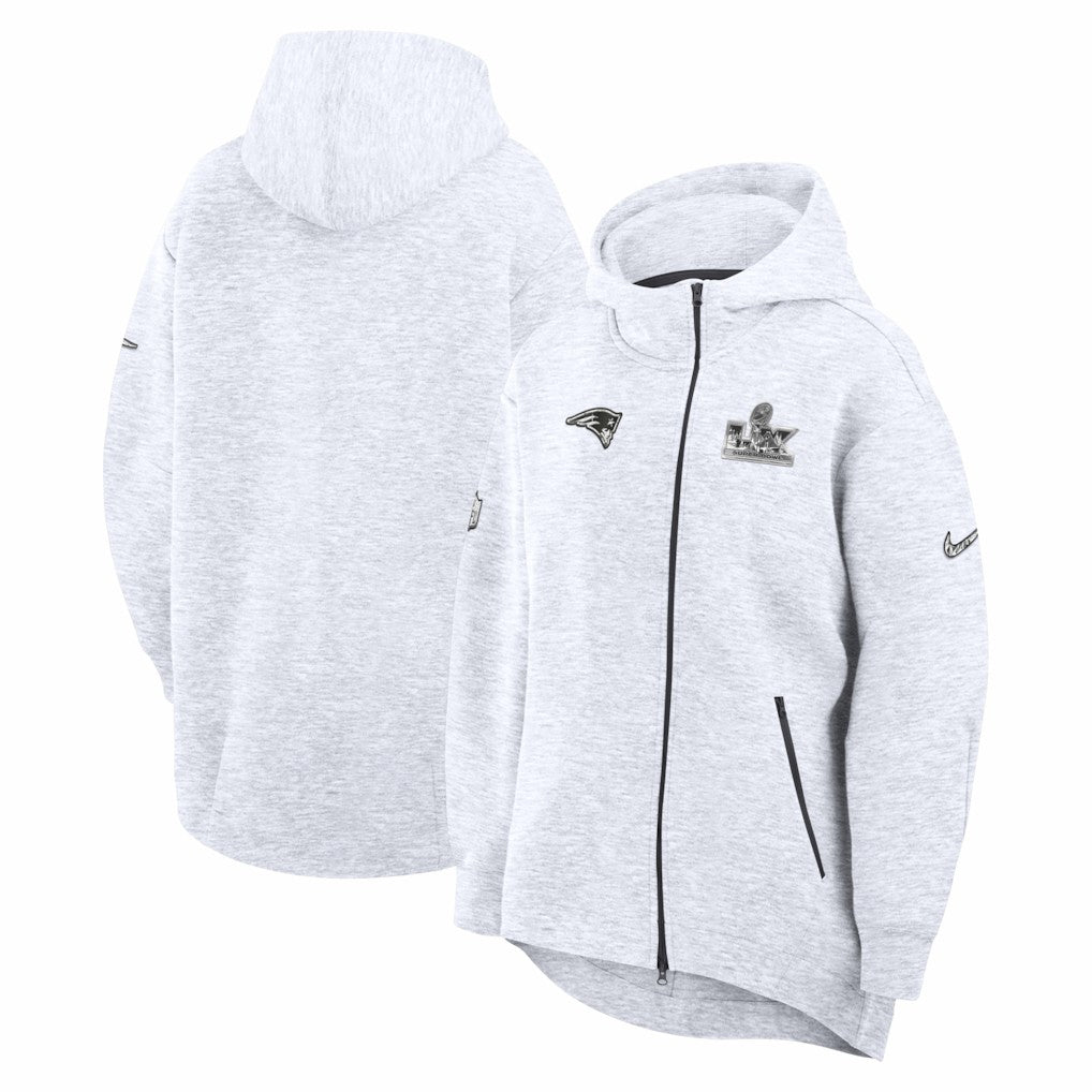 New England Patriots Women's Super Bowl LX Opening Night Tech Fleece Full-Zip Hoodie Heather Gray - Nike