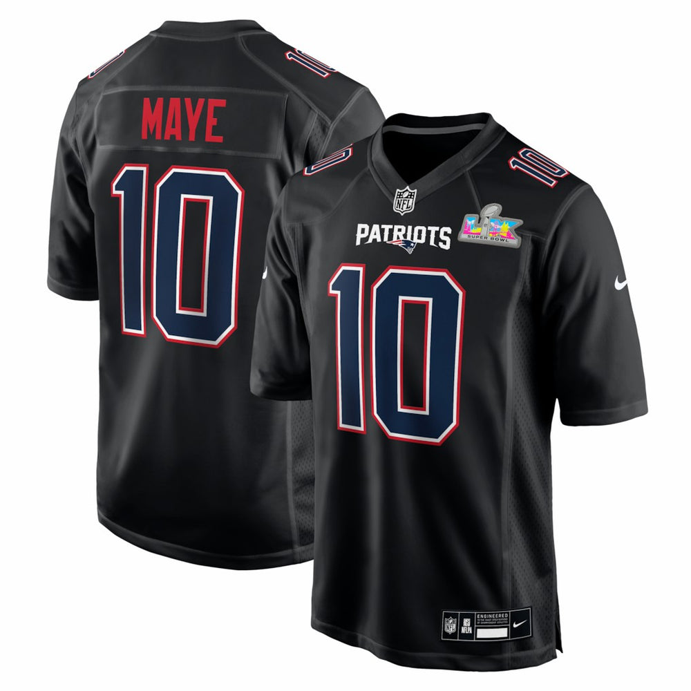 Drake Maye New England Patriots Super Bowl LX Patch Carbon Fashion Game Jersey Black - Nike