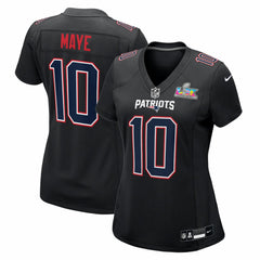 Drake Maye New England Patriots Women's Super Bowl LX Patch Carbon Fashion Game Jersey Black - Nike