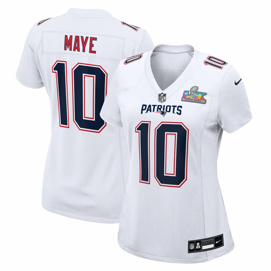 Drake Maye New England Patriots Women's Super Bowl LX Patch Tundra Fashion Game Jersey - White | NFL Jerseys