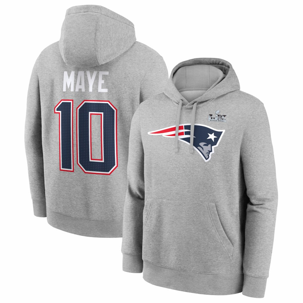 Drake Maye New England Patriots Super Bowl LX Patch Name & Number Hoodie Heather Gray - Nike