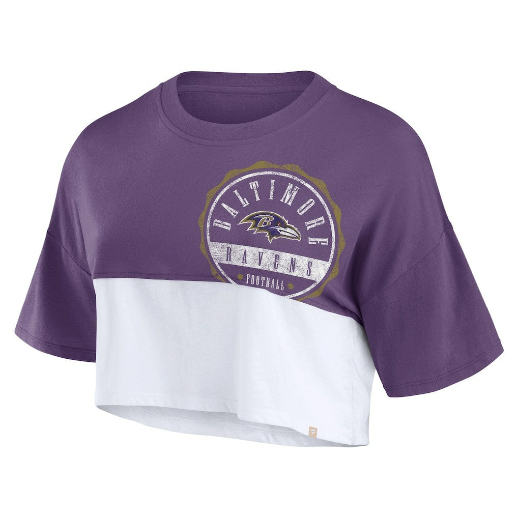 Baltimore Ravens Women's Boxy Color Split Cropped T-Shirt Purple/White - Fanatics