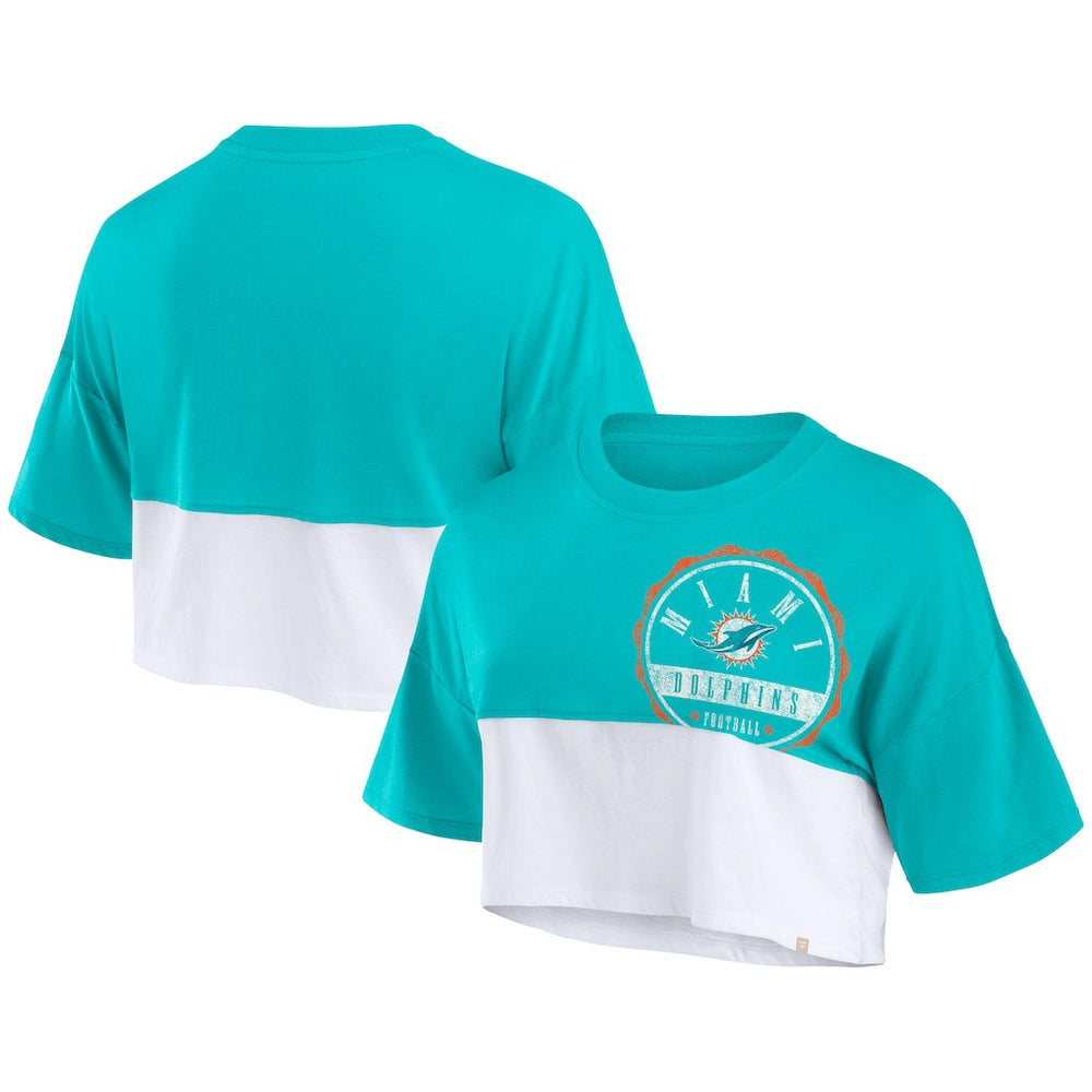 Miami Dolphins Women's Boxy Color Split Cropped T-Shirt Aqua/White - Fanatics