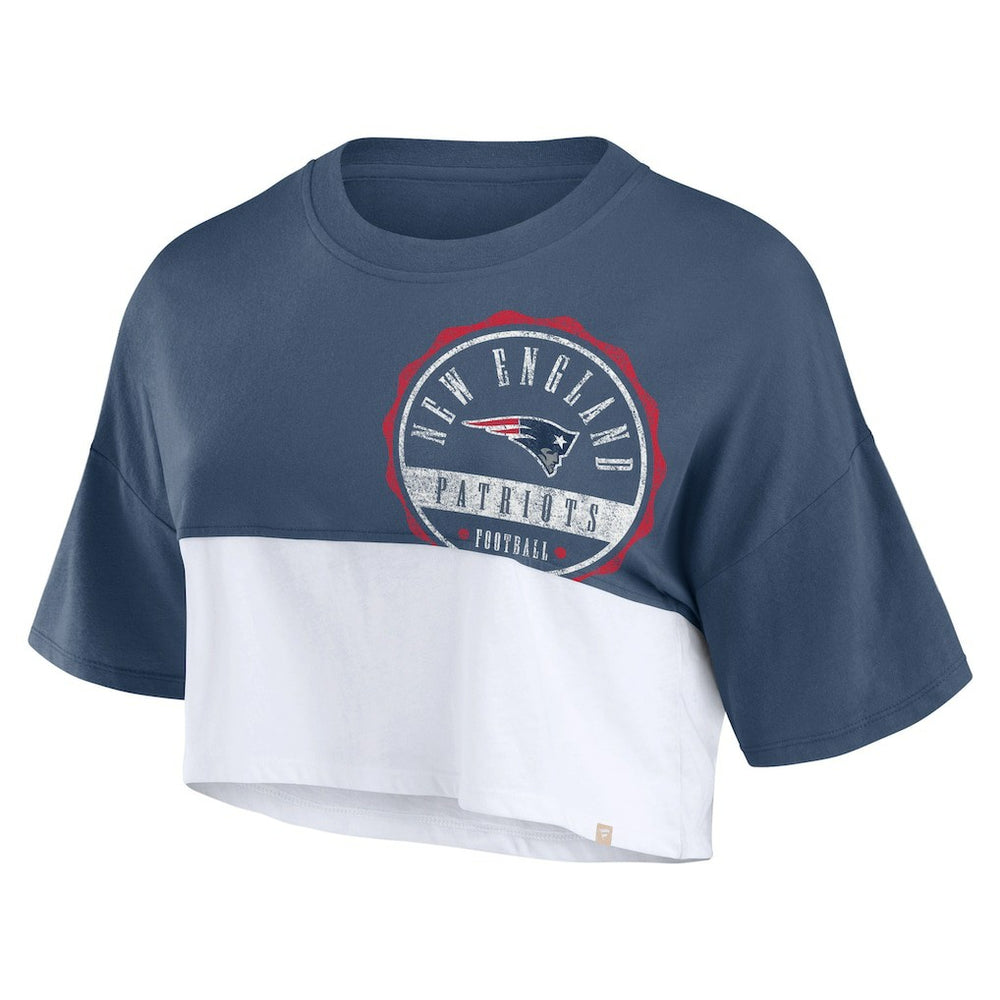 New England Patriots Women's Boxy Color Split Cropped T-Shirt Navy/White - Fanatics
