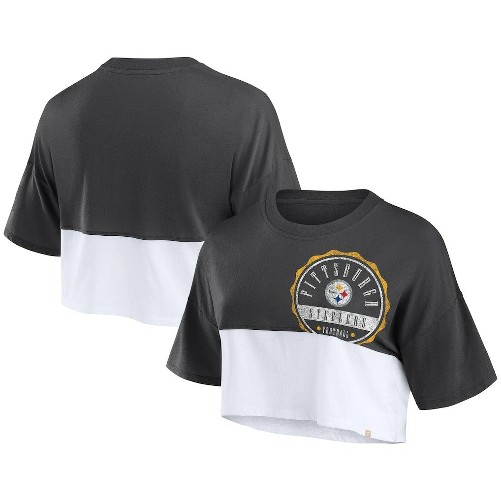 Pittsburgh Steelers Women's Boxy Color Split Cropped T-Shirt Black/White - Fanatics