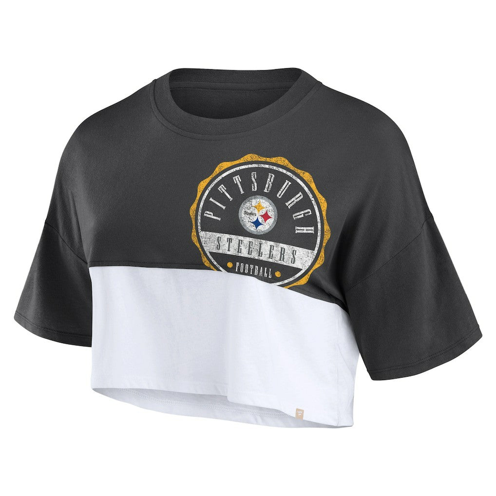 Pittsburgh Steelers Women's Boxy Color Split Cropped T-Shirt Black/White - Fanatics