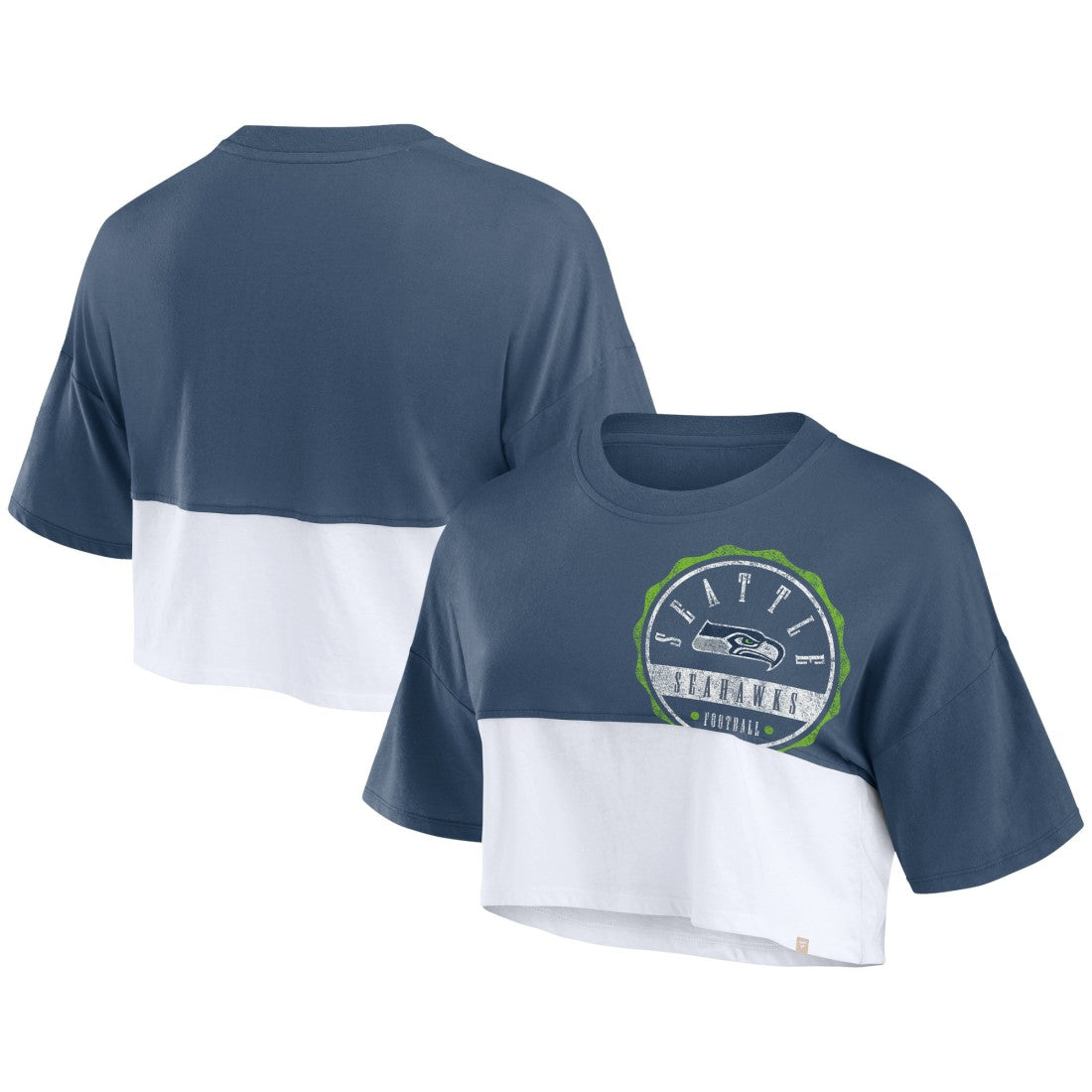 Seattle Seahawks Women's Boxy Color Split Cropped T-Shirt College Navy/White - Fanatics