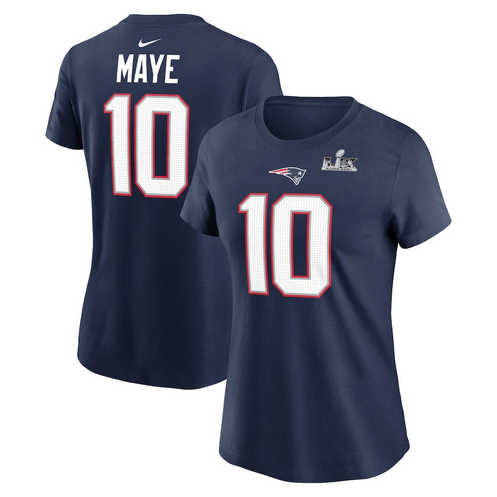 Drake Maye New England Patriots Women's Super Bowl LX Patch Name & Number T-Shirt Navy - Nike