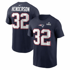 TreVeyon Henderson New England Patriots Super Bowl LX Patch Name & Number T-Shirt Navy - Nike