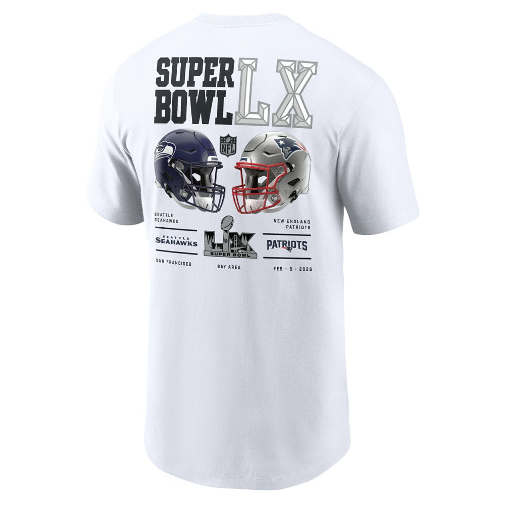 New England Patriots vs. Seattle Seahawks Super Bowl LX Dueling T-Shirt White - Nike