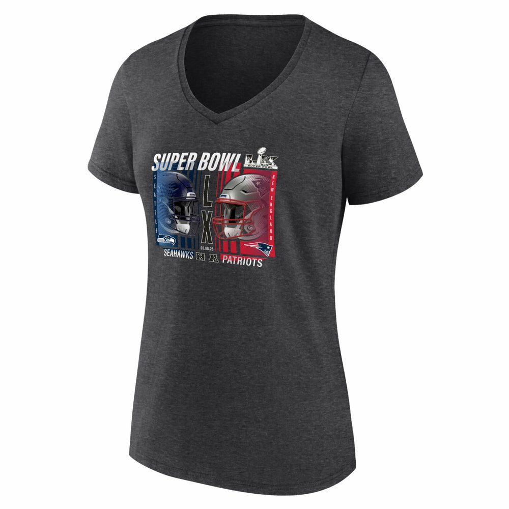 New England Patriots vs. Seattle Seahawks Women's Super Bowl LX Matchup Final Battle V-Neck T-Shirt Heather Charcoal - Fanatics