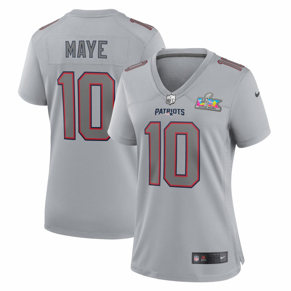 Drake Maye New England Patriots Women's Super Bowl LX Patch Atmosphere Fashion Game Jersey Silver - Nike