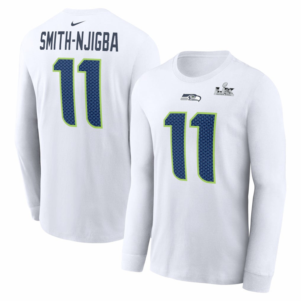 Jaxon Smith-Njigba Seattle Seahawks Super Bowl LX Champions Patch Name & Number Long Sleeve T-Shirt White - Nike