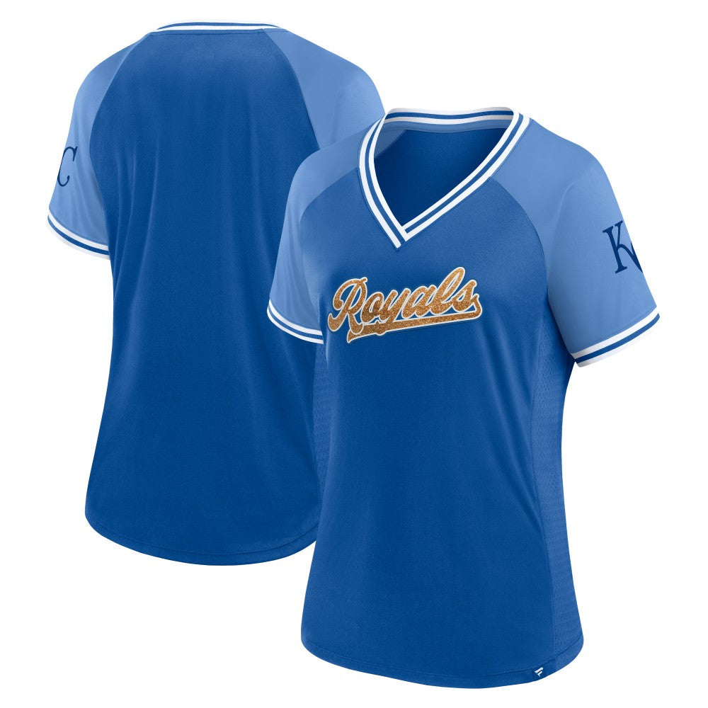 Kansas City Royals Fanatics Women's Glitz & Glam League Diva Raglan V-Neck T-Shirt Clearance
