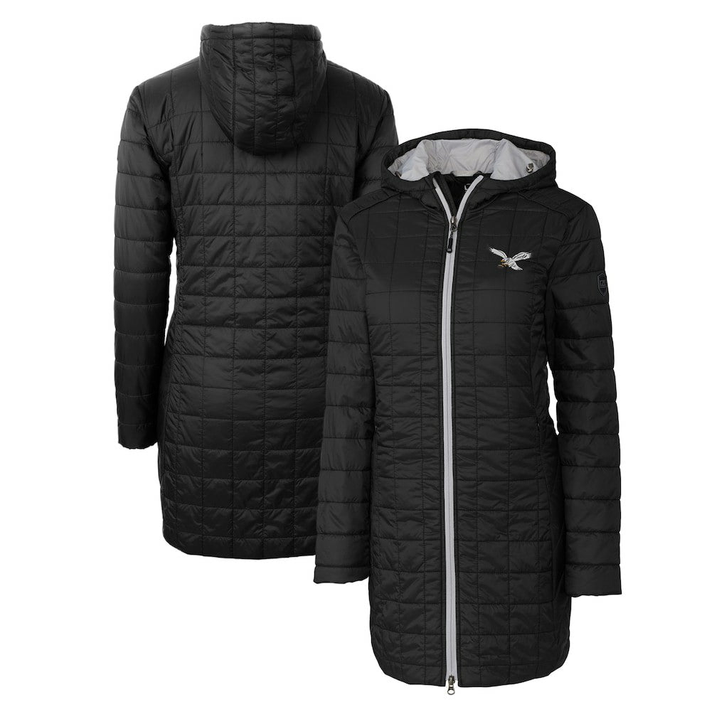 Philadelphia Eagles Cutter & Buck Women's Gridiron Classics Logo Rainier Primaloft Eco Insulated Hooded Long Coat Black - NFL