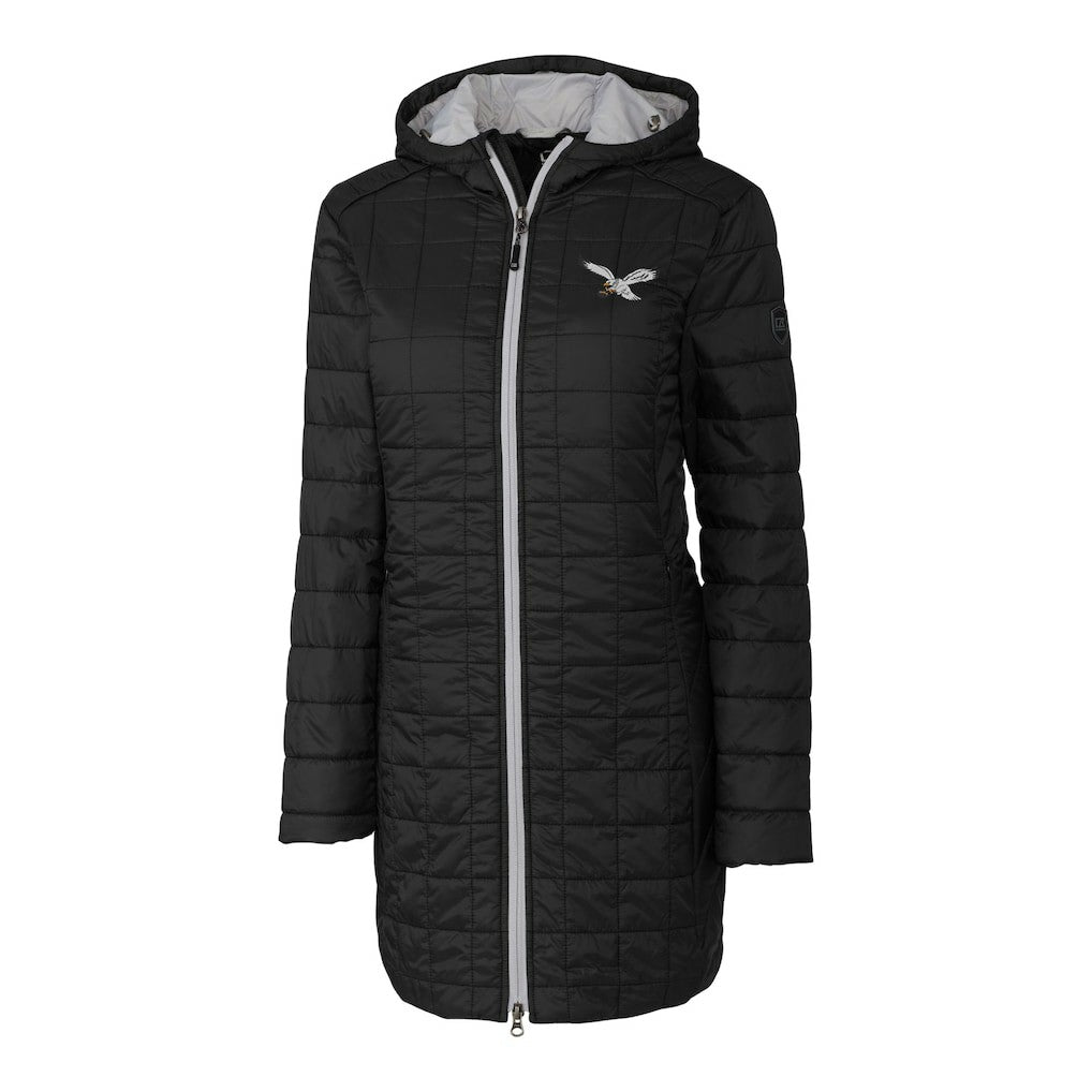 Philadelphia Eagles Cutter & Buck Women's Gridiron Classics Logo Rainier Primaloft Eco Insulated Hooded Long Coat Black - NFL