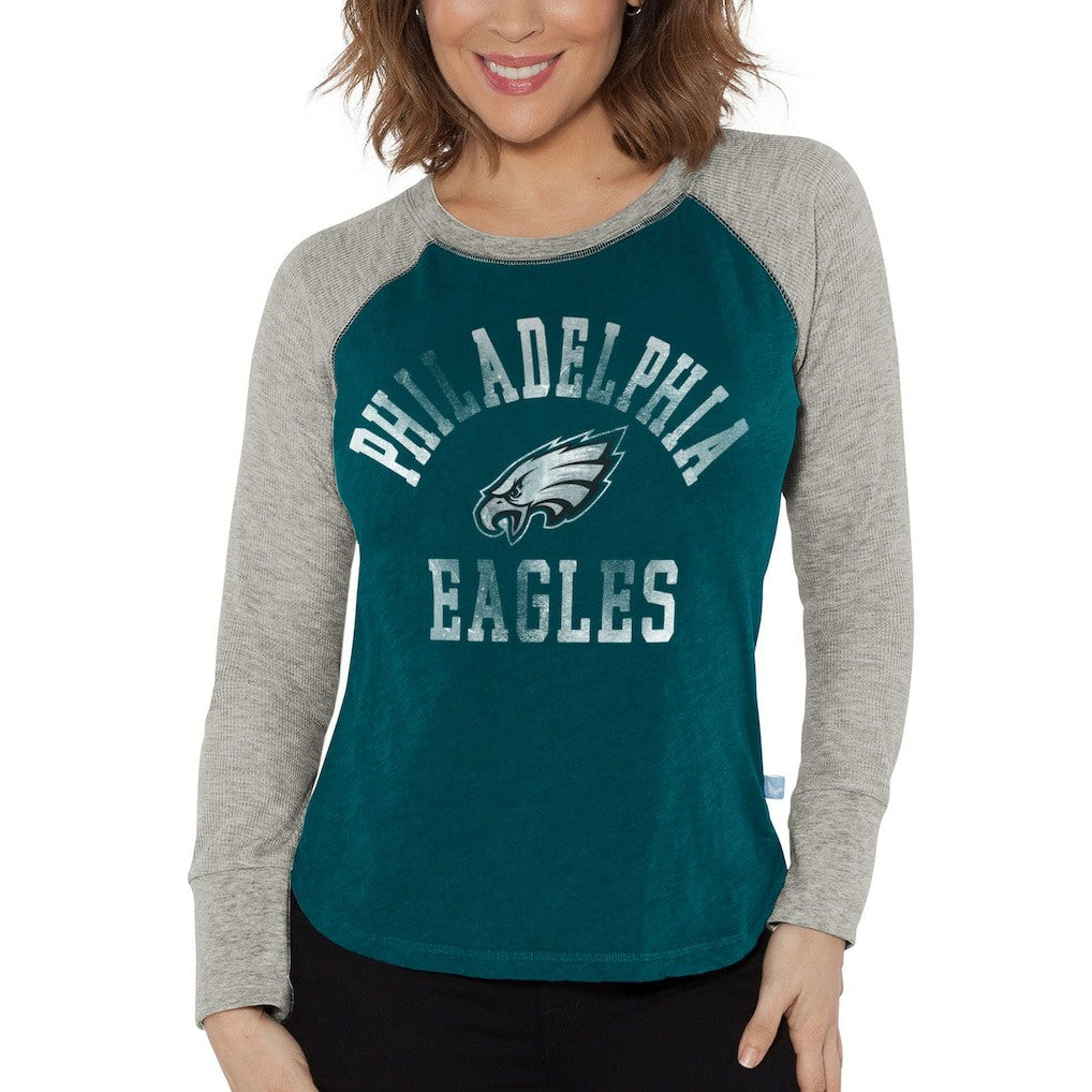 Philadelphia Eagles G-III 4Her by Carl Banks Women's Waffle Knit Raglan Long Sleeve T-Shirt Midnight Green/Heather Gray - NFL