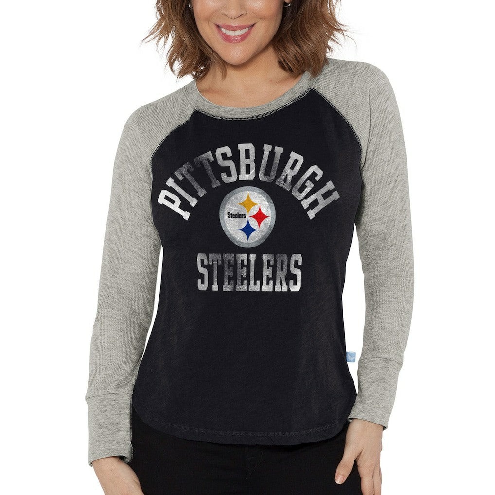 Pittsburgh Steelers G-III 4Her by Carl Banks Women's Waffle Knit Raglan Long Sleeve T-Shirt Black/Heather Gray - NFL