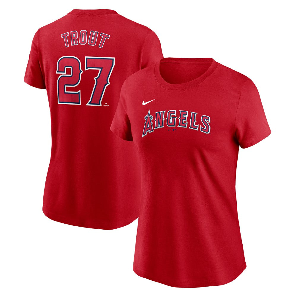 Mike Trout Los Angeles Angels Nike Women's Cooperstown Collection Fuse Name & Number T-Shirt Near Me
