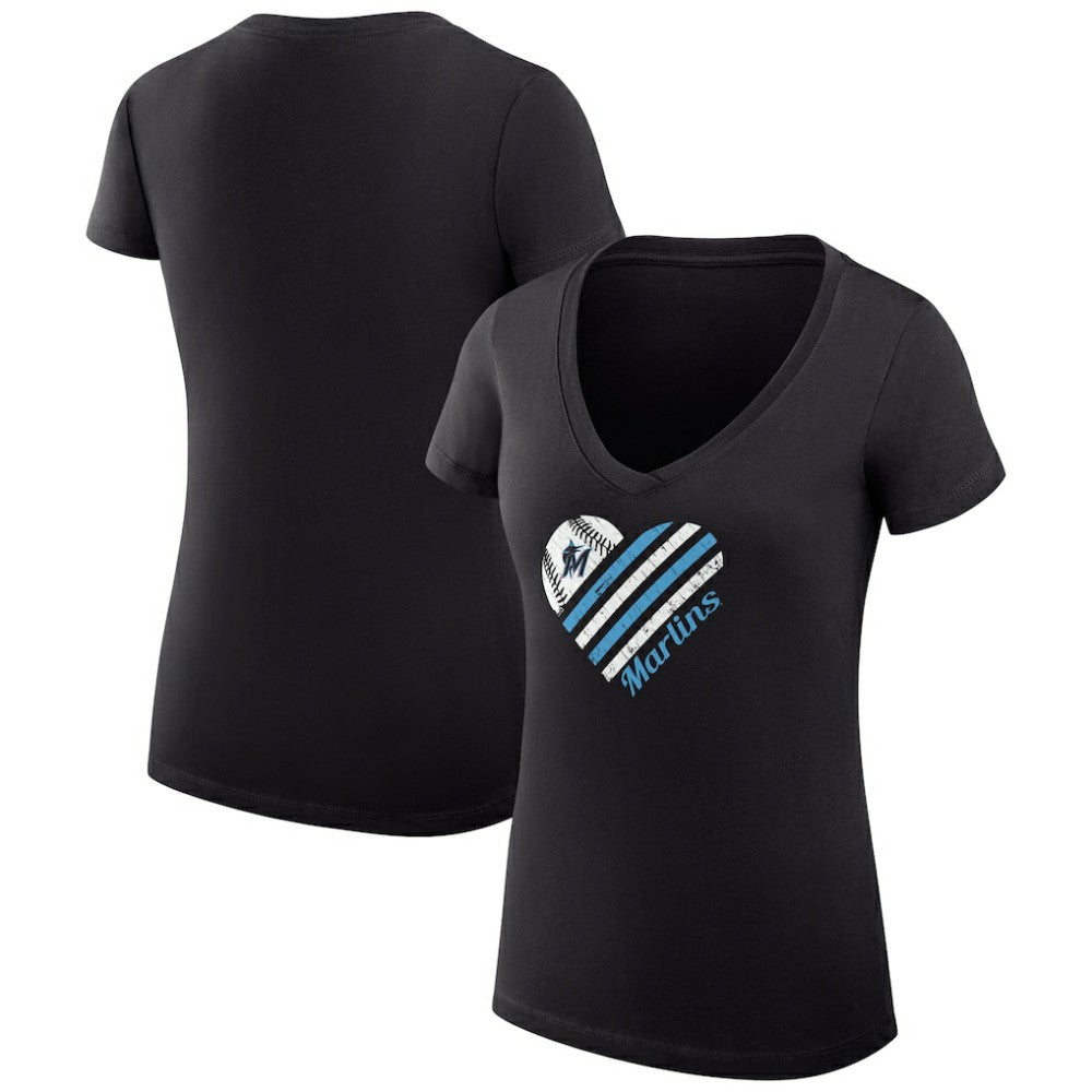 Miami Marlins G-III 4Her by Carl Banks Women's Super-Slim Fit Lightweight Heart V-Neck T-Shirt for sale