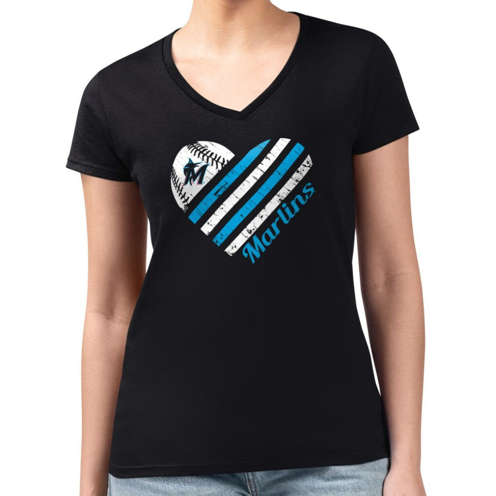 Miami Marlins G-III 4Her by Carl Banks Women's Super-Slim Fit Lightweight Heart V-Neck T-Shirt for sale