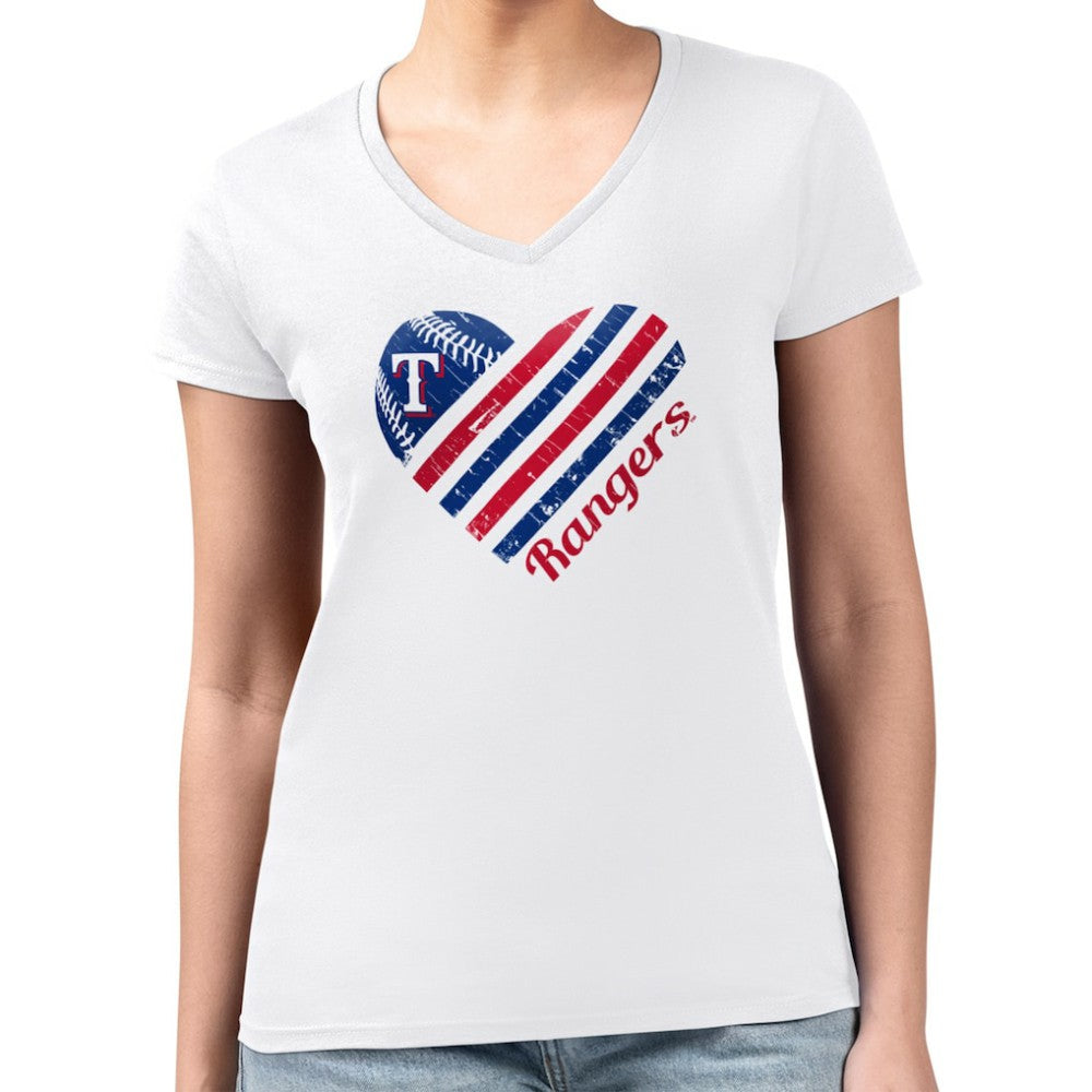 Texas Rangers G-III 4Her by Carl Banks Women's Super-Slim Fit Lightweight Heart V-Neck T-Shirt Lifestyle