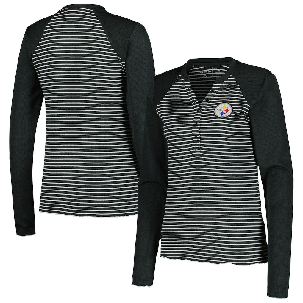 Pittsburgh Steelers Antigua Women's Maverick Waffle Henley Long Sleeve T-Shirt Black - NFL
