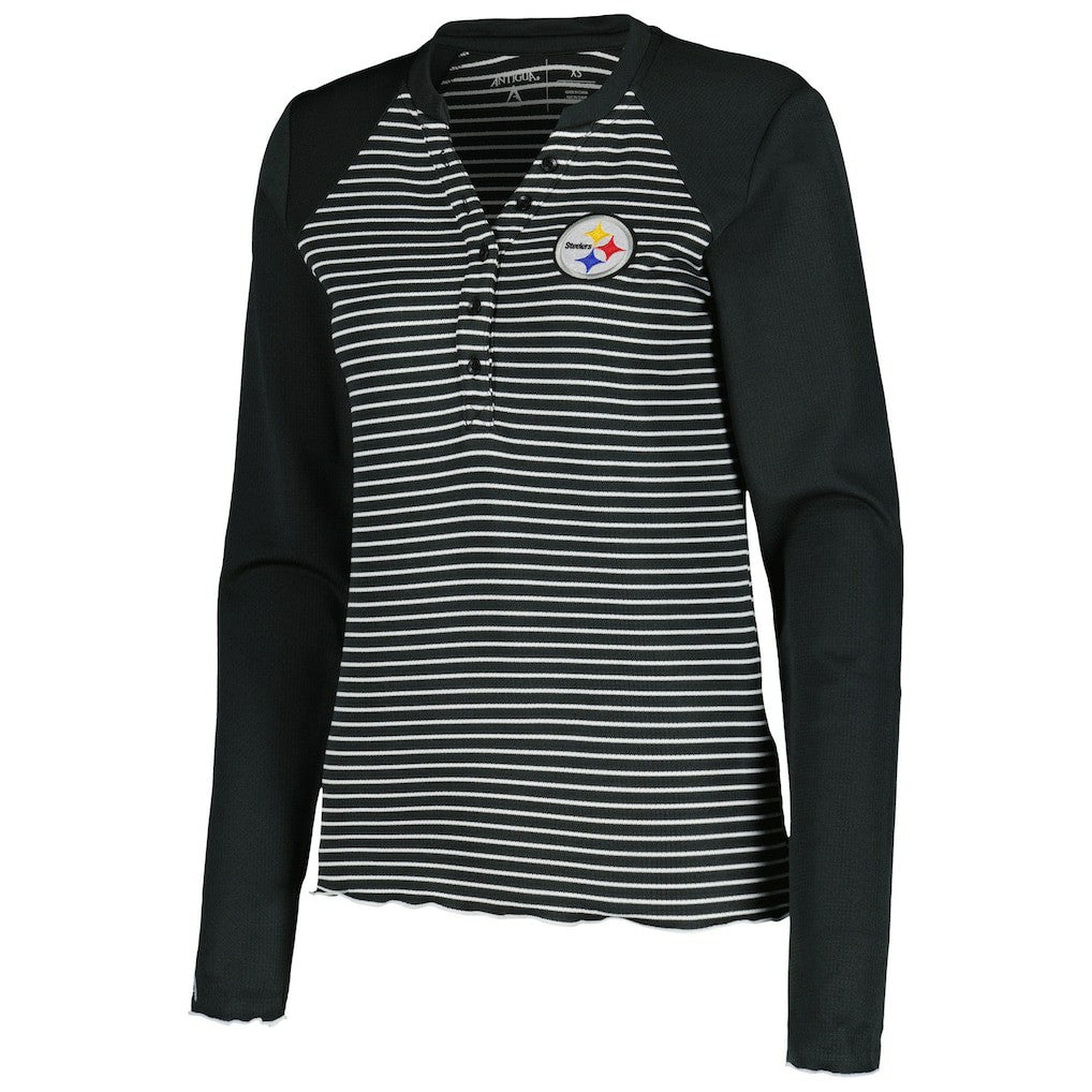 Pittsburgh Steelers Antigua Women's Maverick Waffle Henley Long Sleeve T-Shirt Black - NFL
